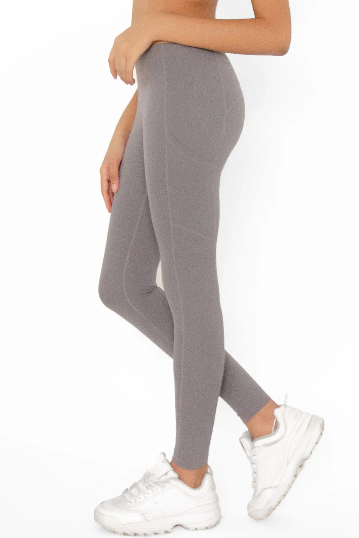 4 for $54 - Silver Grey Cassi Side Pockets Workout Leggings Yoga Pants - Women