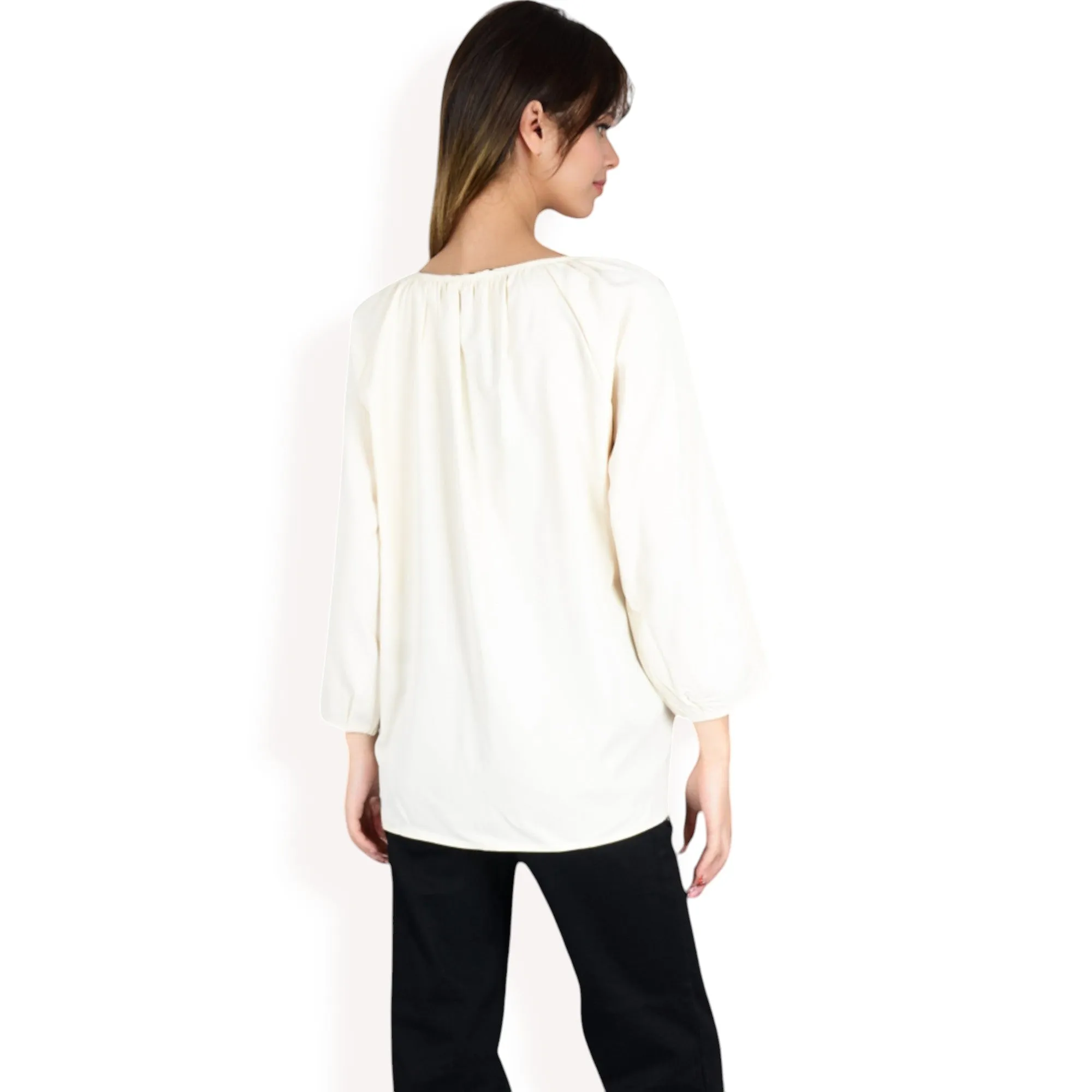 Anna-Kaci Women's 3/4 Sleeve Blouse with Gathered Neckline and Button Details