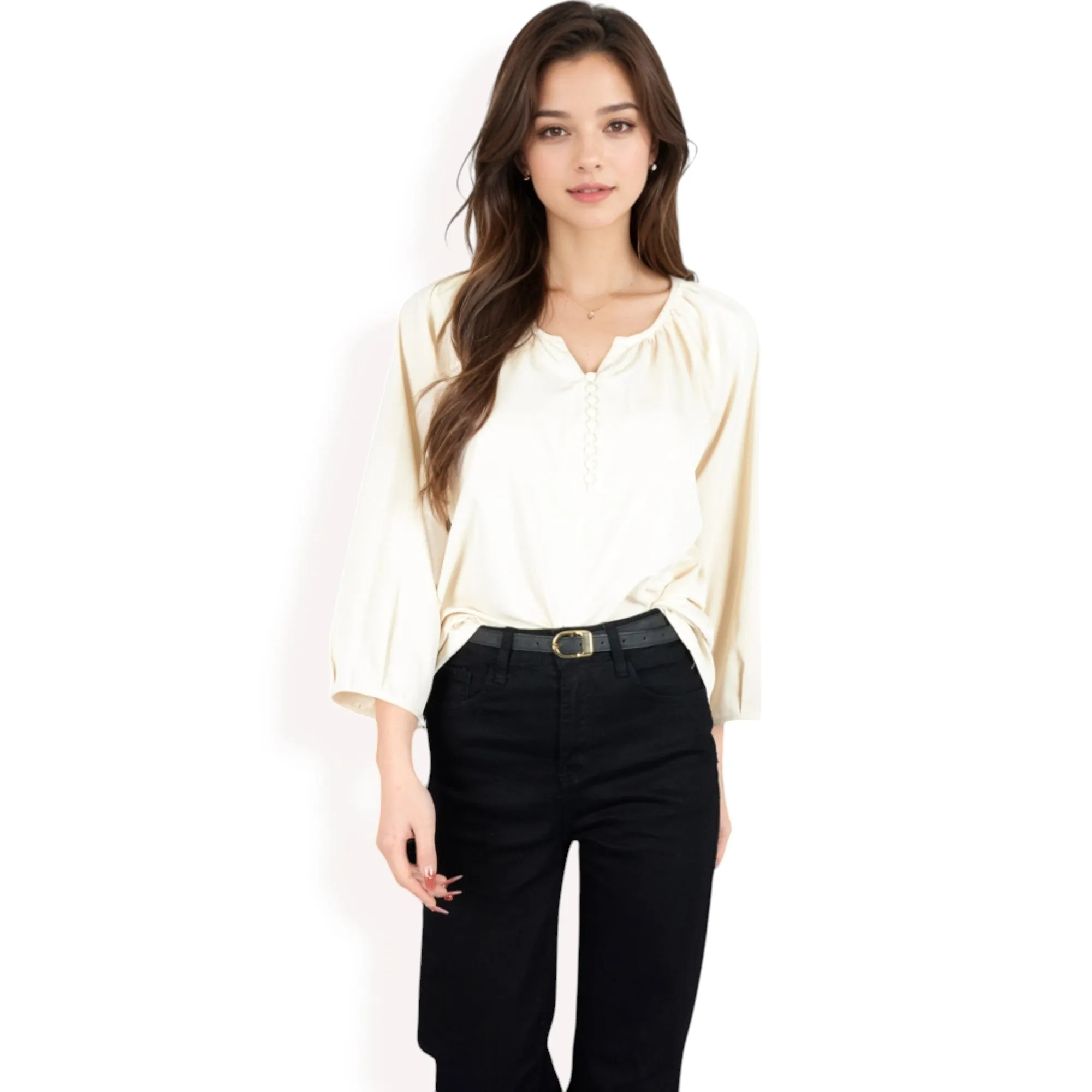 Anna-Kaci Women's 3/4 Sleeve Blouse with Gathered Neckline and Button Details