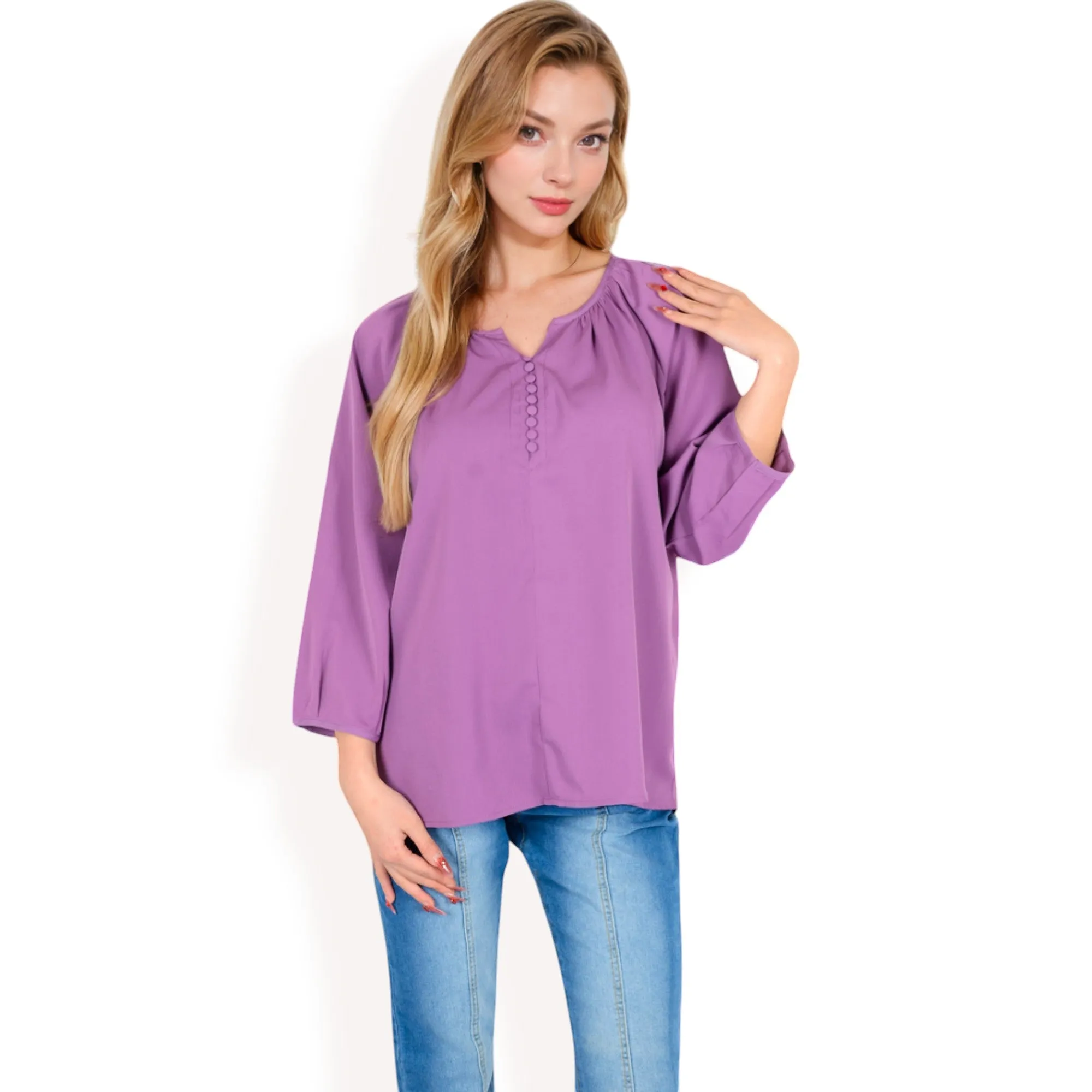 Anna-Kaci Women's 3/4 Sleeve Blouse with Gathered Neckline and Button Details