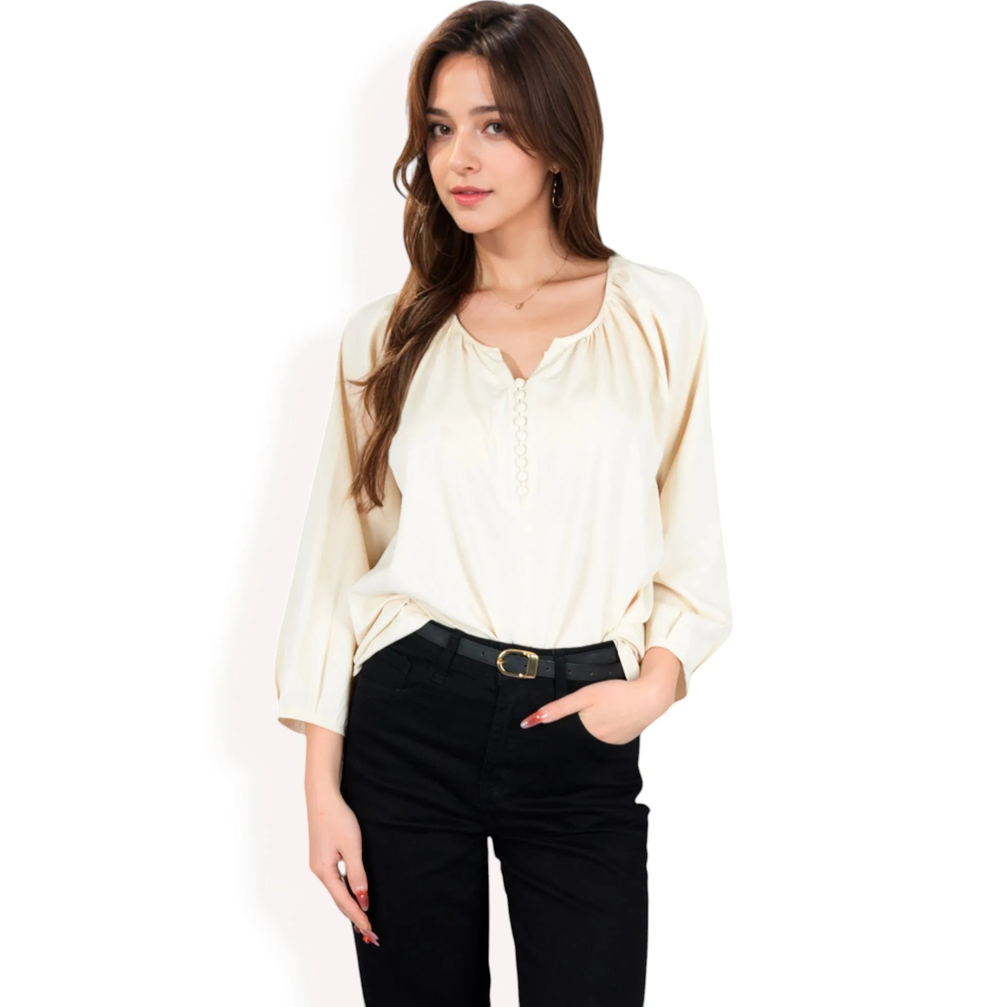 Anna-Kaci Women's 3/4 Sleeve Blouse with Gathered Neckline and Button Details