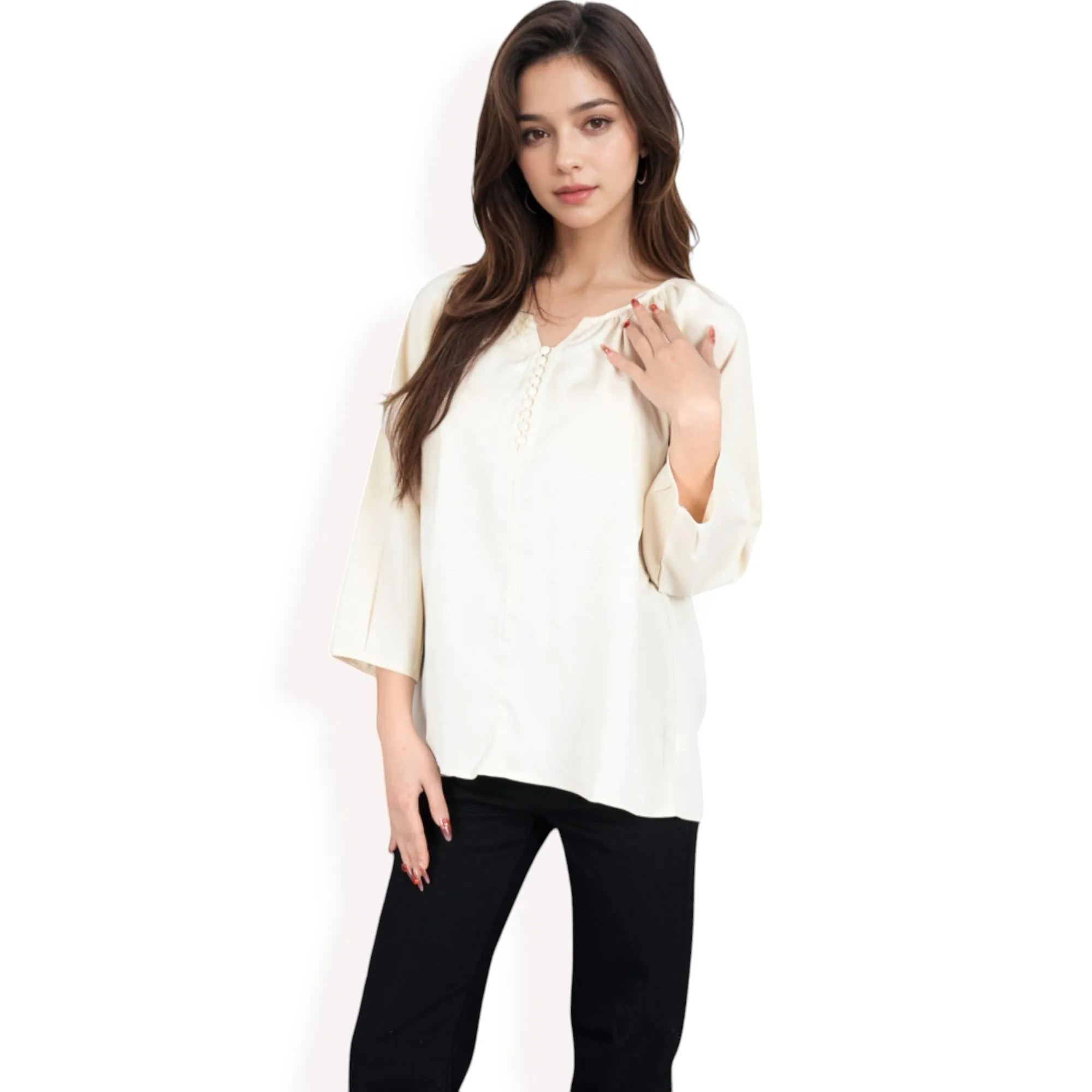 Anna-Kaci Women's 3/4 Sleeve Blouse with Gathered Neckline and Button Details