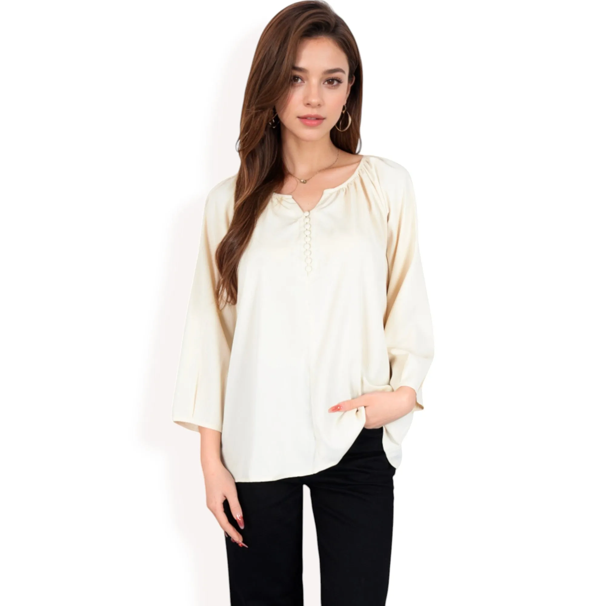 Anna-Kaci Women's 3/4 Sleeve Blouse with Gathered Neckline and Button Details