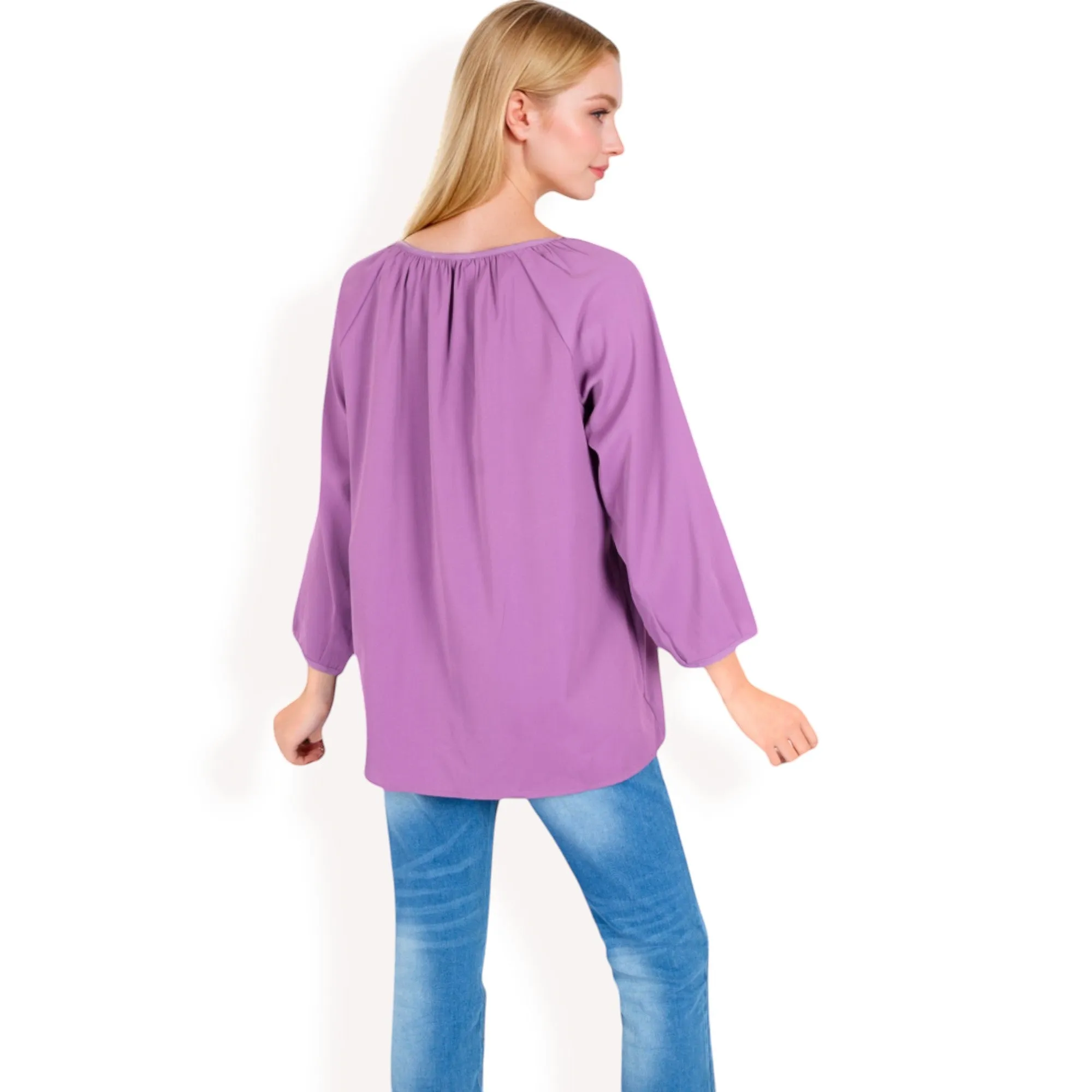 Anna-Kaci Women's 3/4 Sleeve Blouse with Gathered Neckline and Button Details