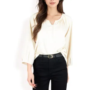 Anna-Kaci Women's 3/4 Sleeve Blouse with Gathered Neckline and Button Details