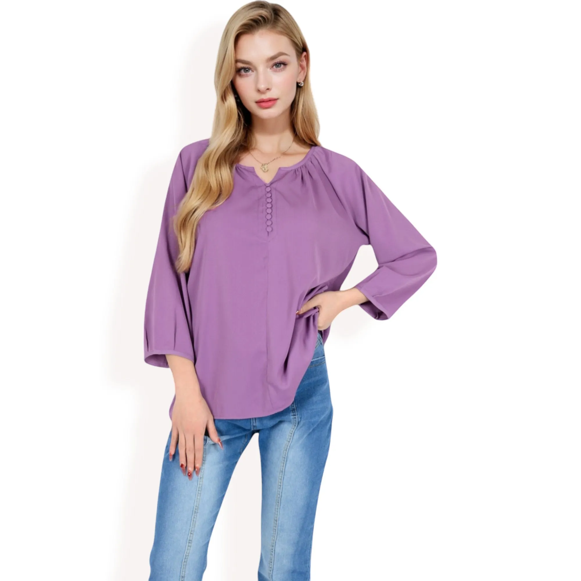 Anna-Kaci Women's 3/4 Sleeve Blouse with Gathered Neckline and Button Details