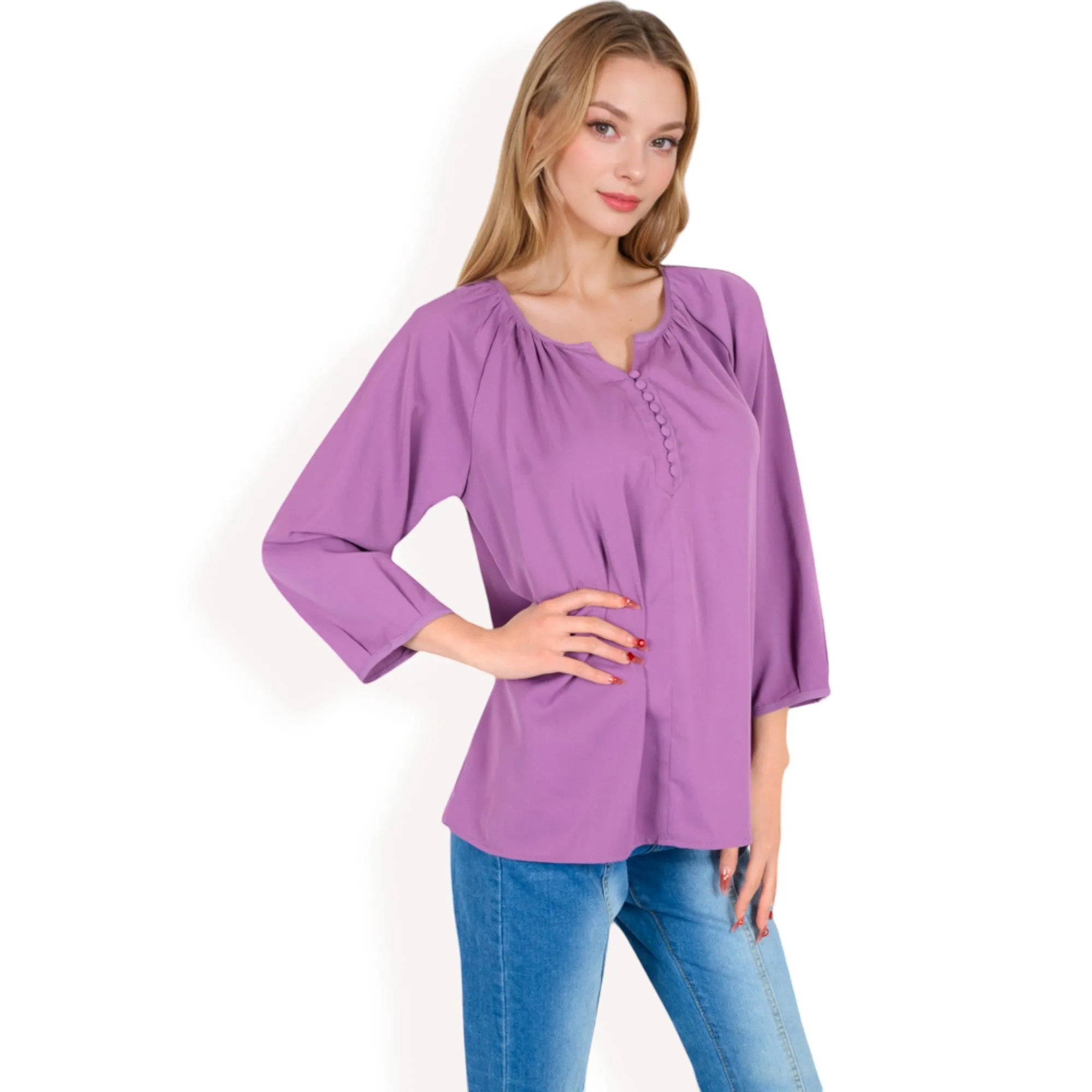 Anna-Kaci Women's 3/4 Sleeve Blouse with Gathered Neckline and Button Details