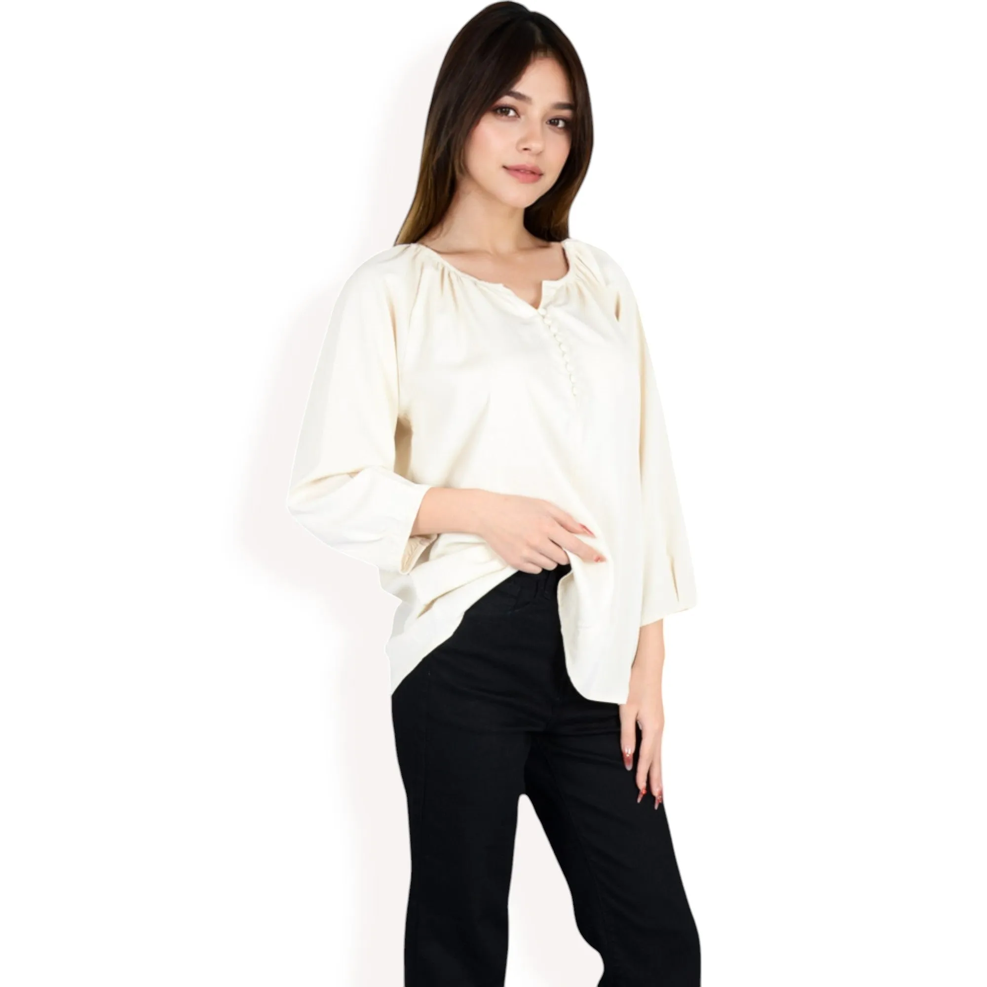 Anna-Kaci Women's 3/4 Sleeve Blouse with Gathered Neckline and Button Details