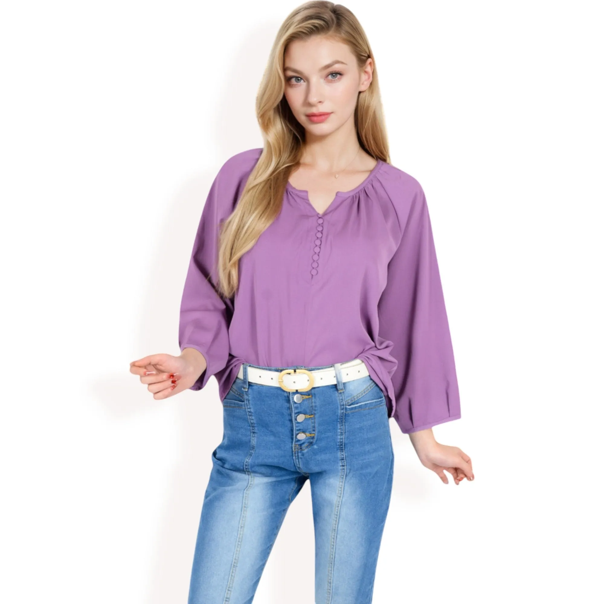 Anna-Kaci Women's 3/4 Sleeve Blouse with Gathered Neckline and Button Details