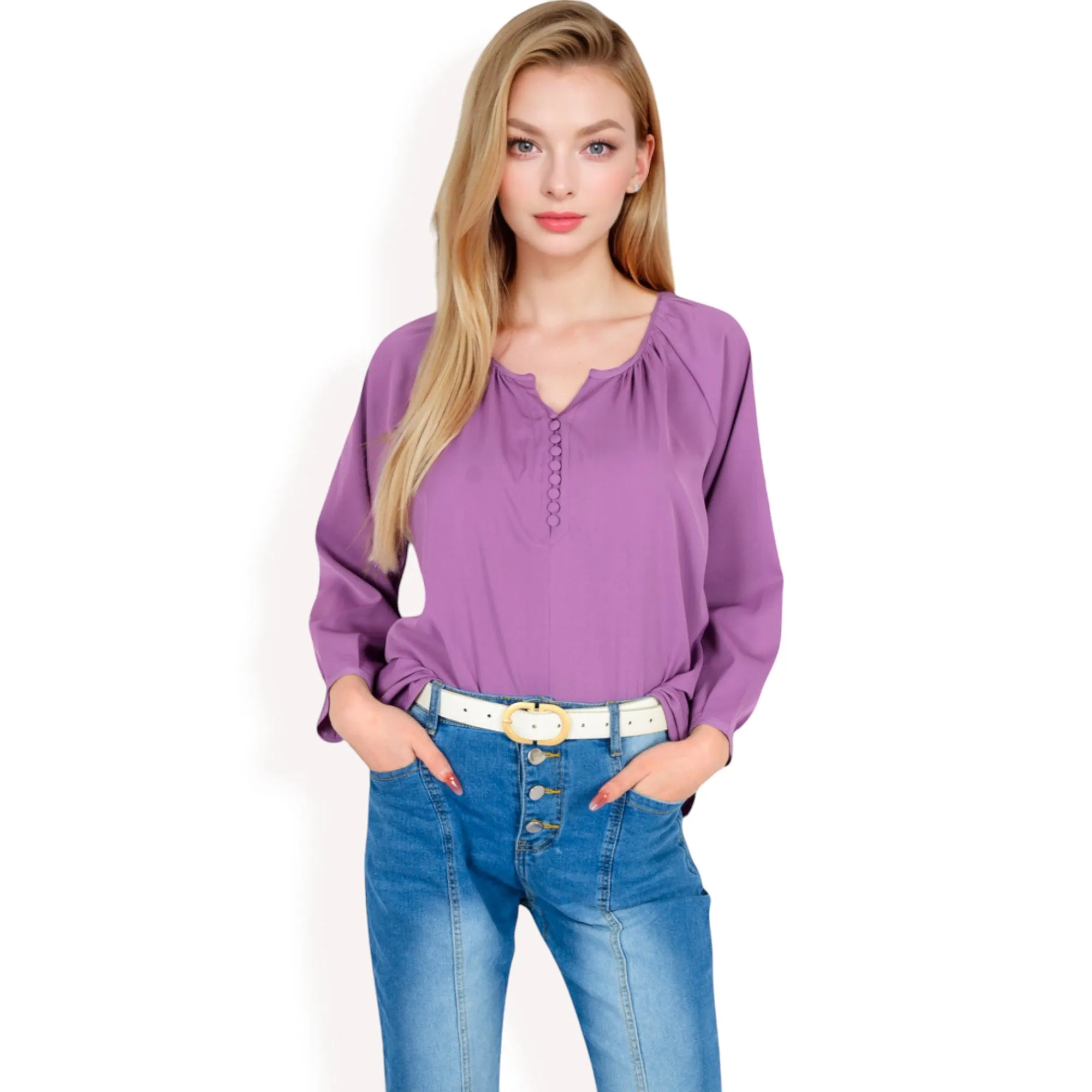 Anna-Kaci Women's 3/4 Sleeve Blouse with Gathered Neckline and Button Details