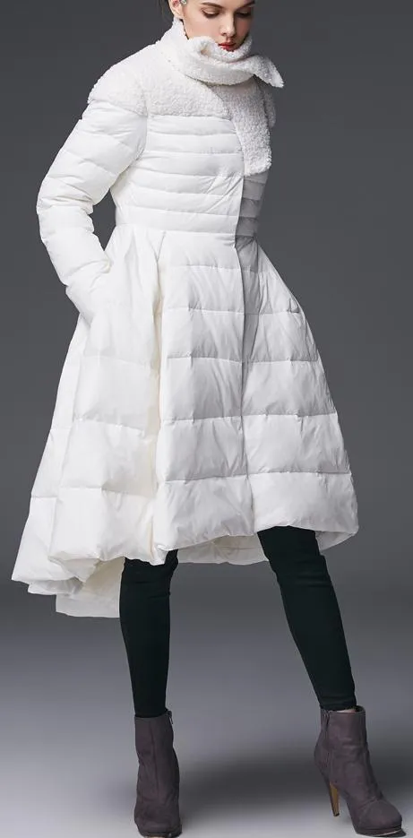 Asymmetrical Flared Puffer Coat, White