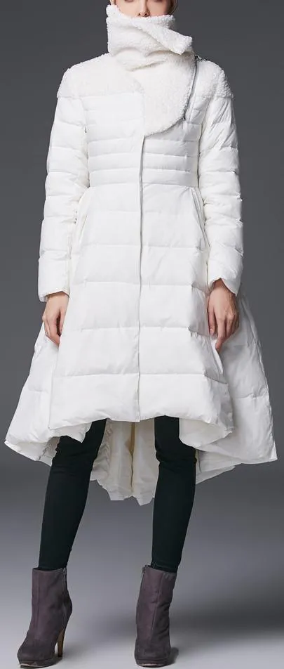 Asymmetrical Flared Puffer Coat, White