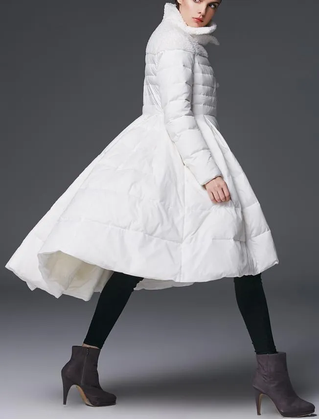 Asymmetrical Flared Puffer Coat, White