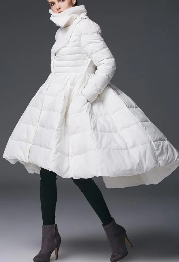 Asymmetrical Flared Puffer Coat, White