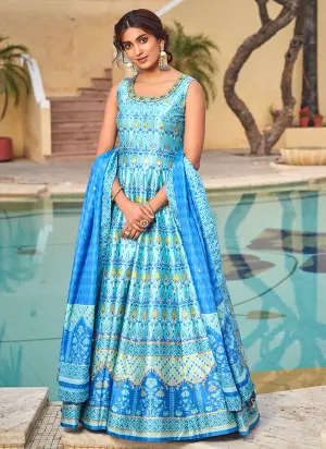 Blue Embroidery And Printed Anarkali Gown