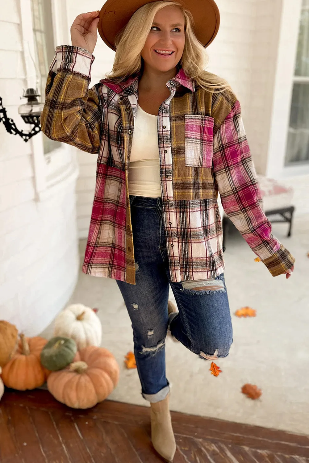 Brown Plaid Print Snap Button Long Sleeve Jackets with Pocket