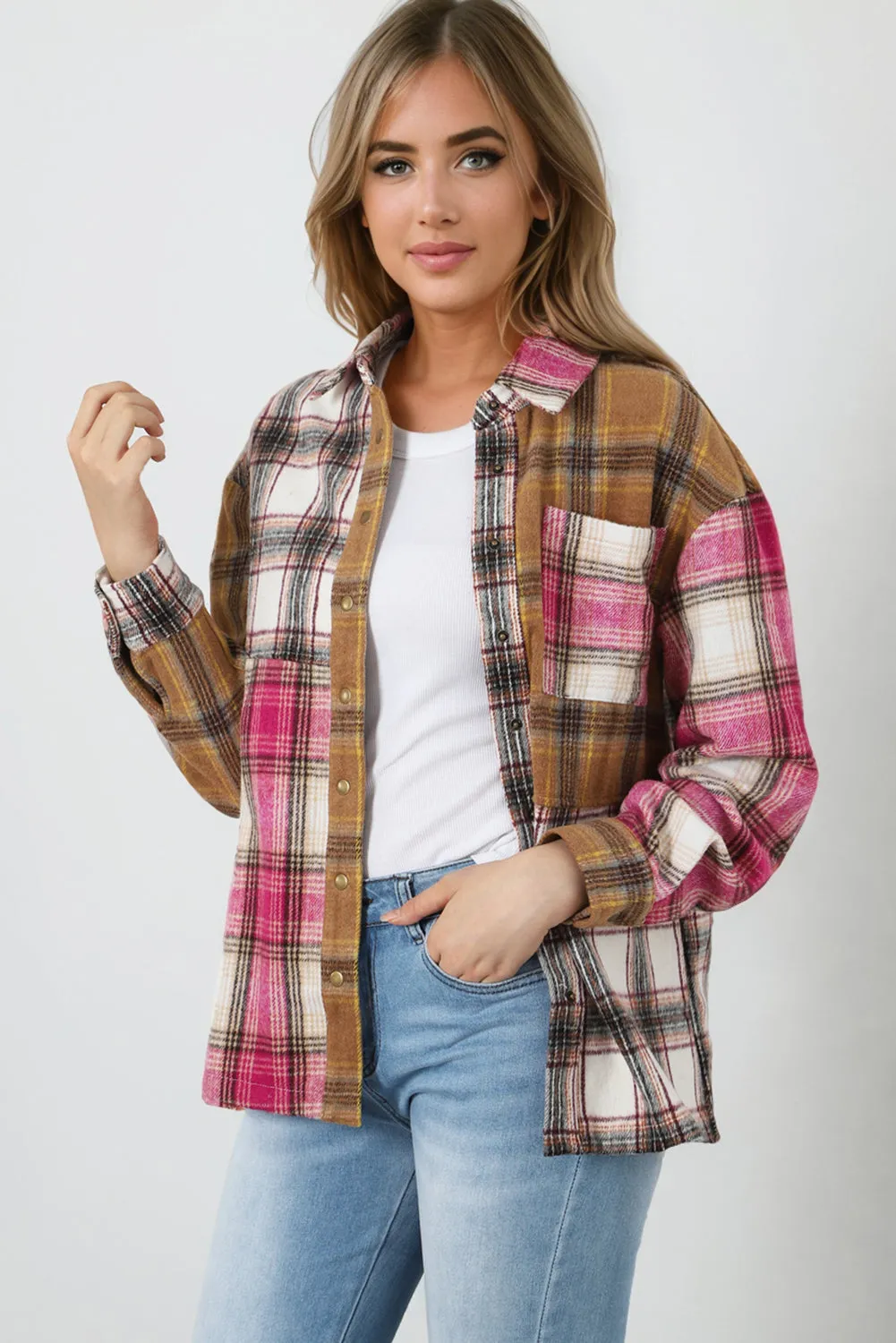 Brown Plaid Print Snap Button Long Sleeve Jackets with Pocket