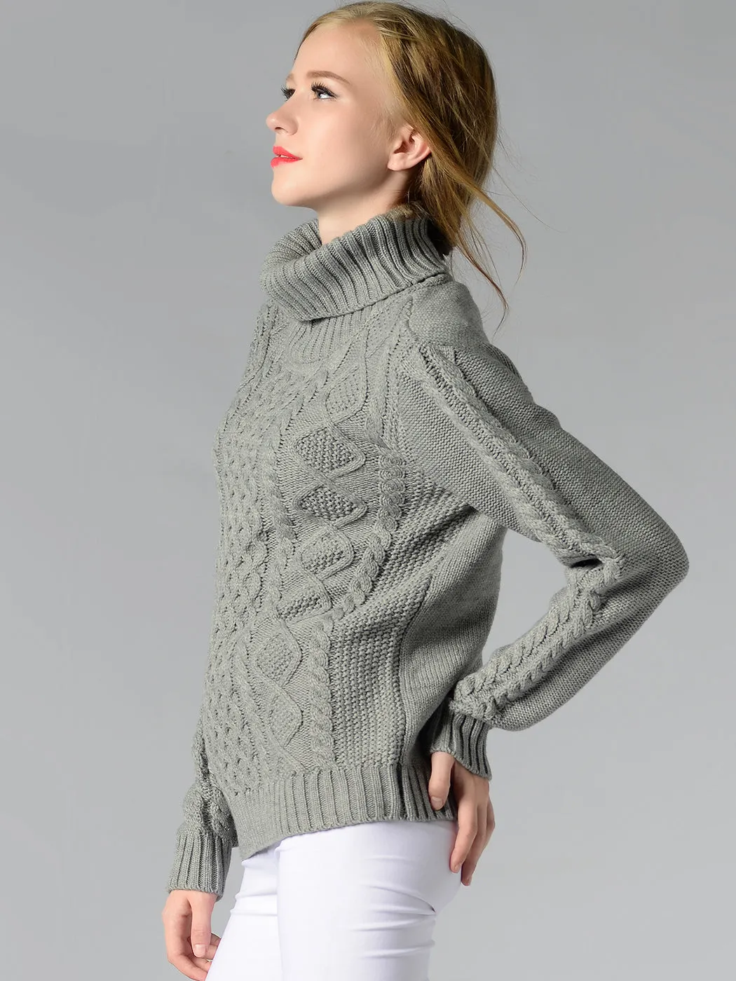 Cable Knit Turtle Neck Stretch Long Sleeve Pullover Sweater