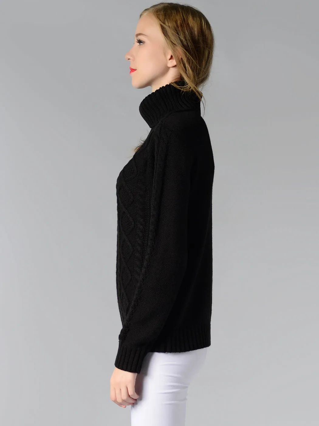 Cable Knit Turtle Neck Stretch Long Sleeve Pullover Sweater