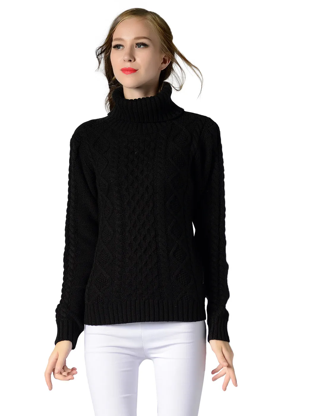 Cable Knit Turtle Neck Stretch Long Sleeve Pullover Sweater