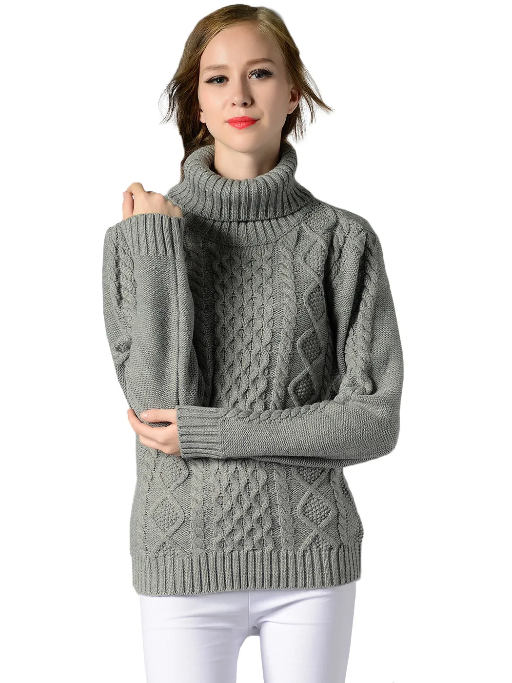 Cable Knit Turtle Neck Stretch Long Sleeve Pullover Sweater