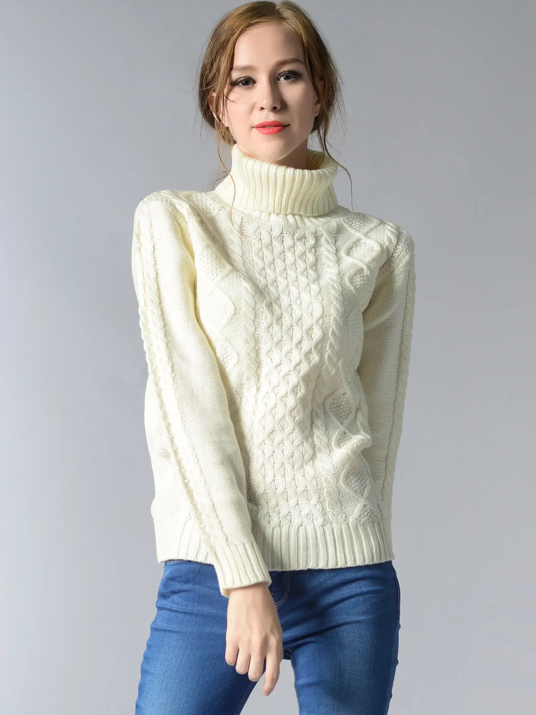 Cable Knit Turtle Neck Stretch Long Sleeve Pullover Sweater