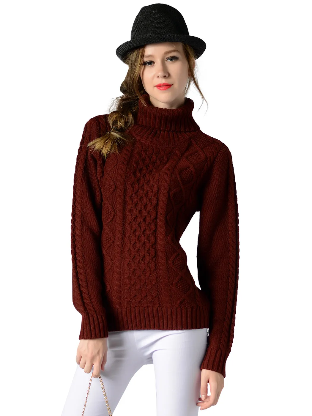 Cable Knit Turtle Neck Stretch Long Sleeve Pullover Sweater