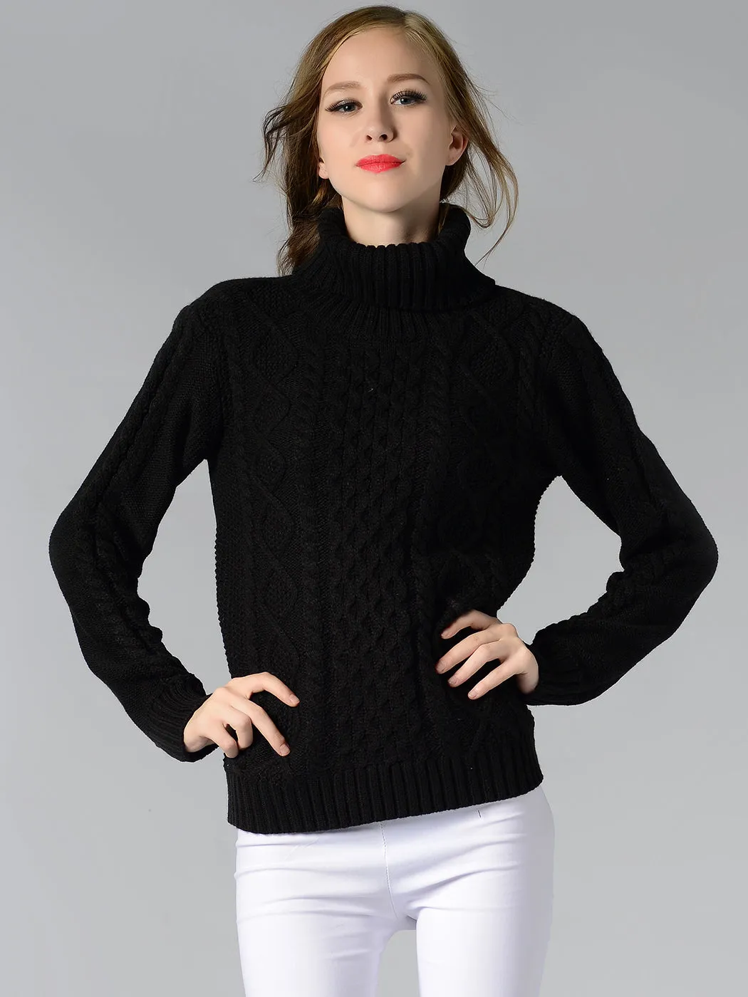 Cable Knit Turtle Neck Stretch Long Sleeve Pullover Sweater