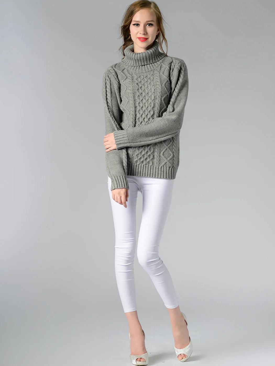 Cable Knit Turtle Neck Stretch Long Sleeve Pullover Sweater