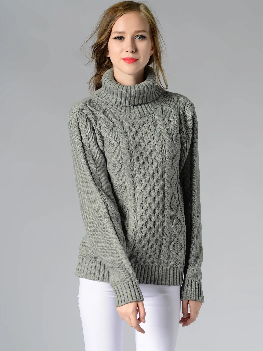 Cable Knit Turtle Neck Stretch Long Sleeve Pullover Sweater