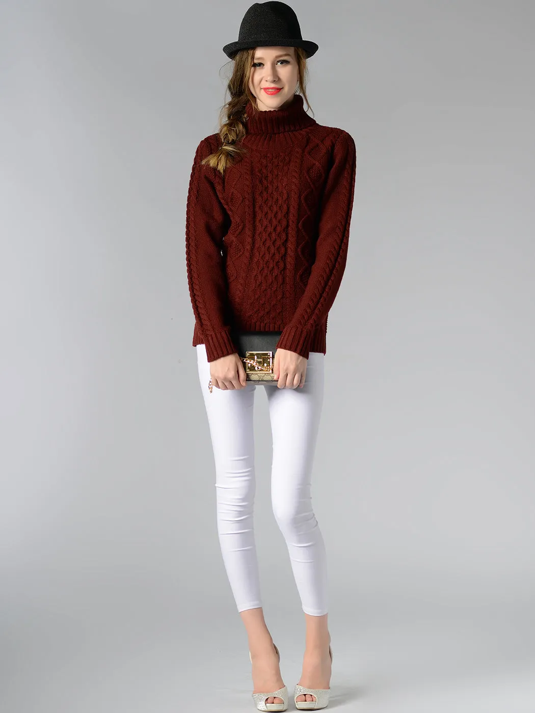 Cable Knit Turtle Neck Stretch Long Sleeve Pullover Sweater