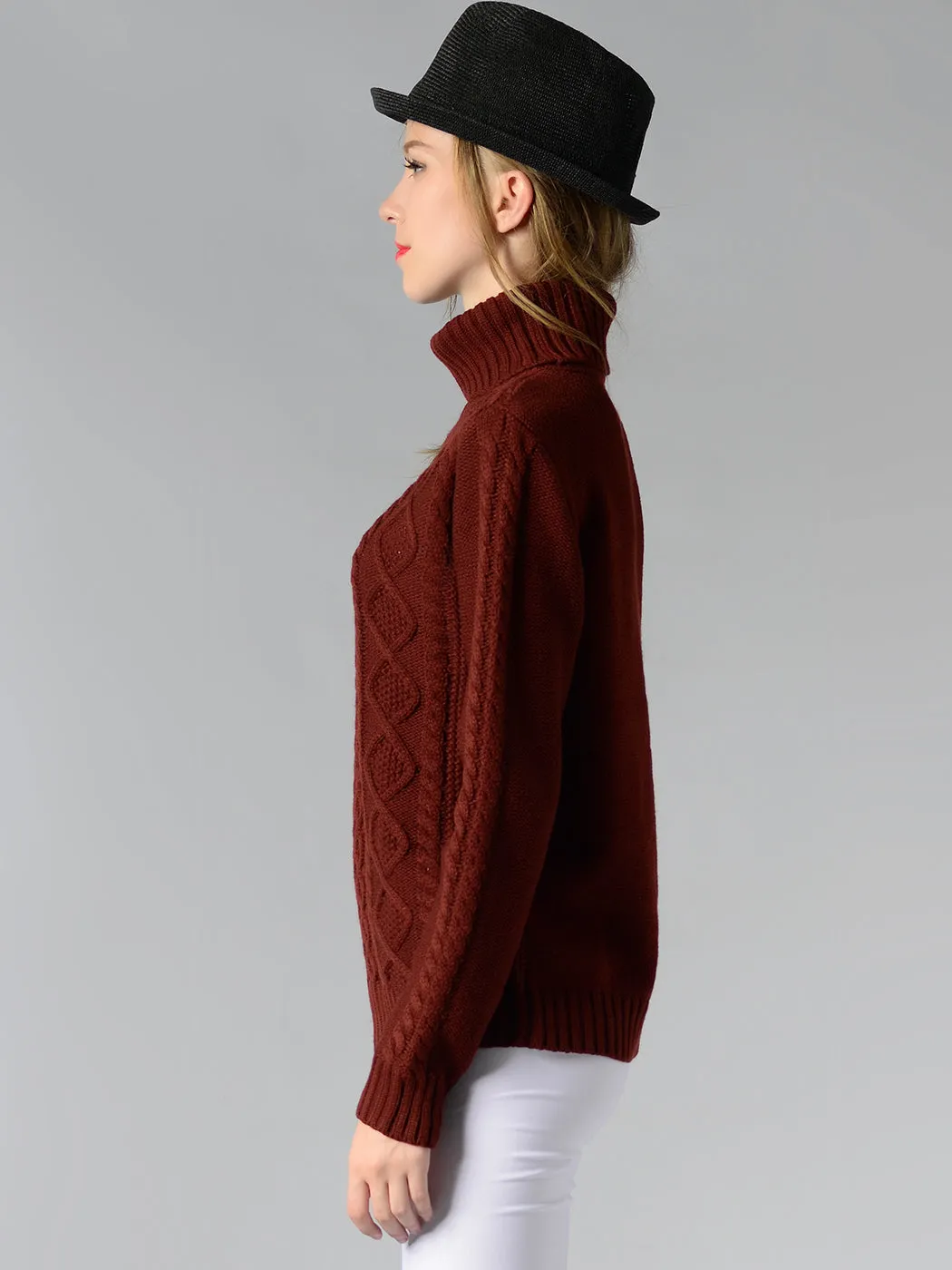 Cable Knit Turtle Neck Stretch Long Sleeve Pullover Sweater