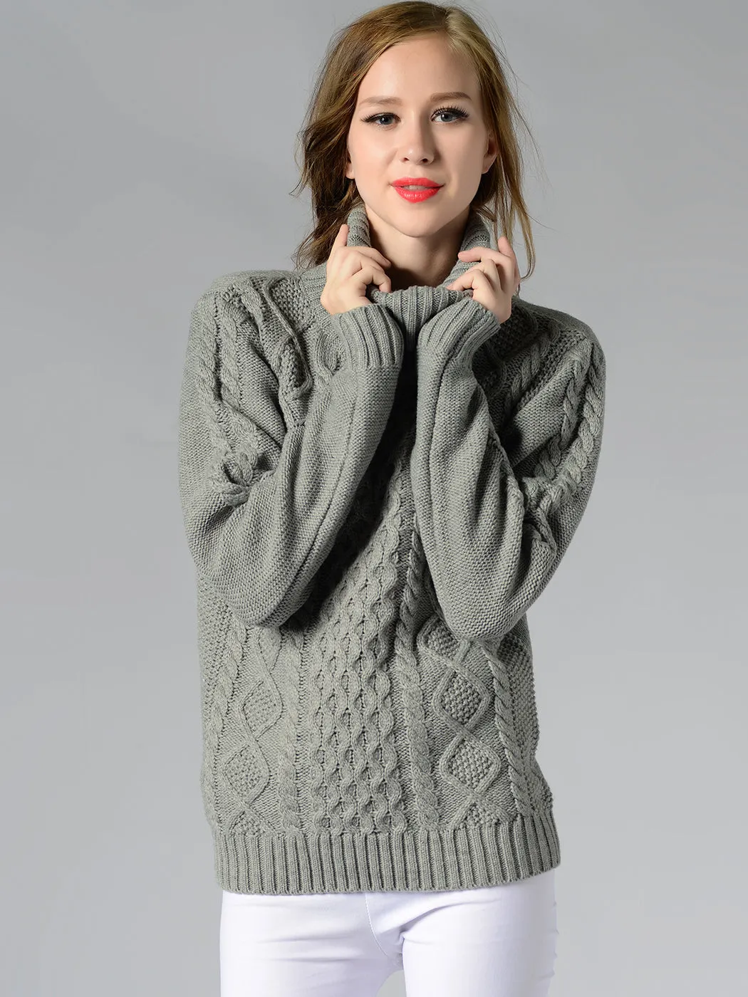 Cable Knit Turtle Neck Stretch Long Sleeve Pullover Sweater