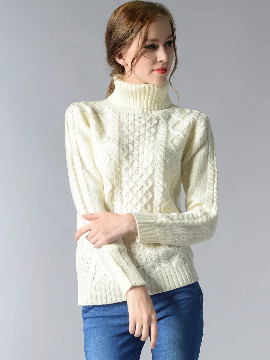 Cable Knit Turtle Neck Stretch Long Sleeve Pullover Sweater