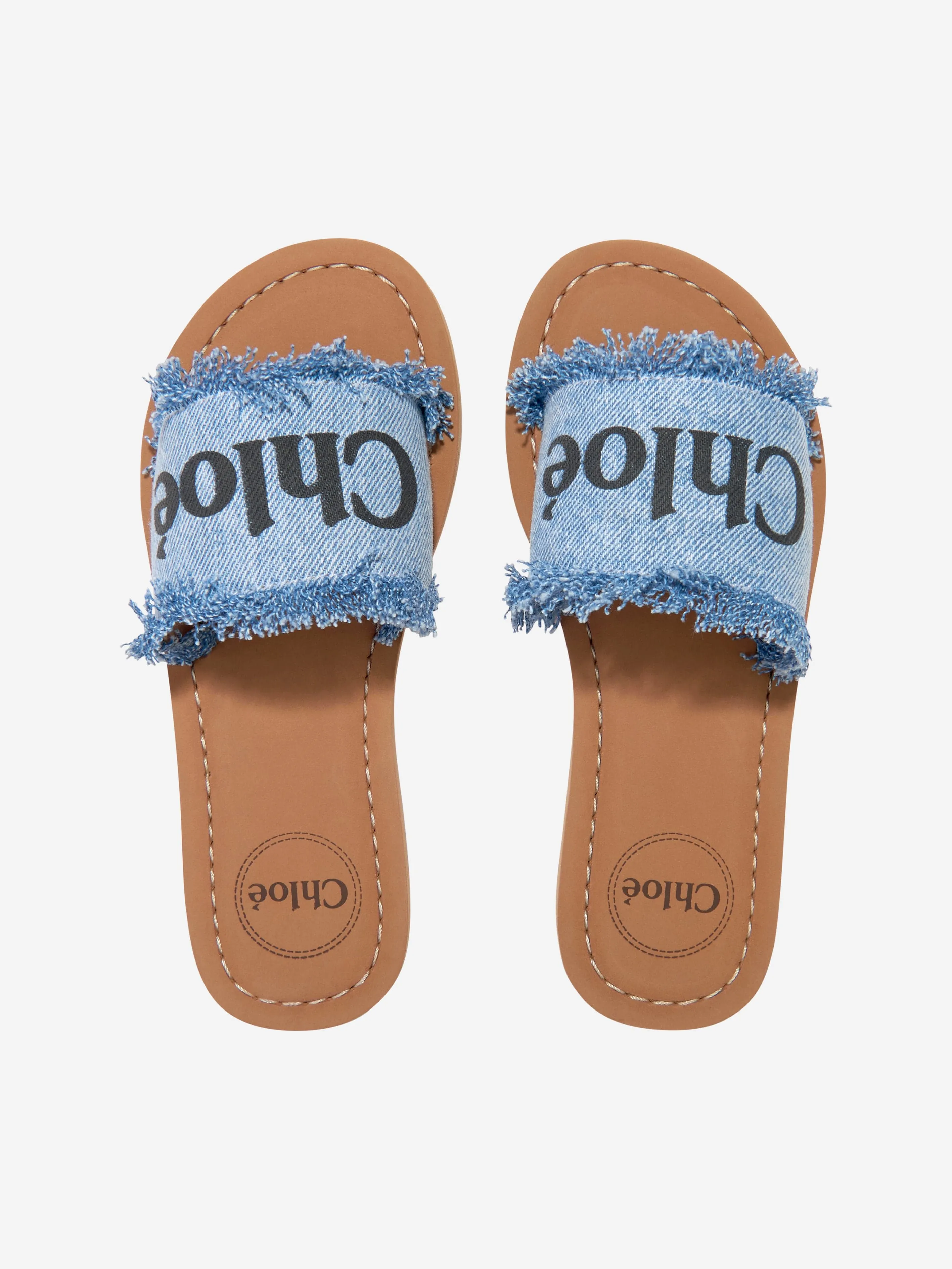 Chloé Girls Fringed Denim Sliders in Blue