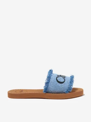 Chloé Girls Fringed Denim Sliders in Blue