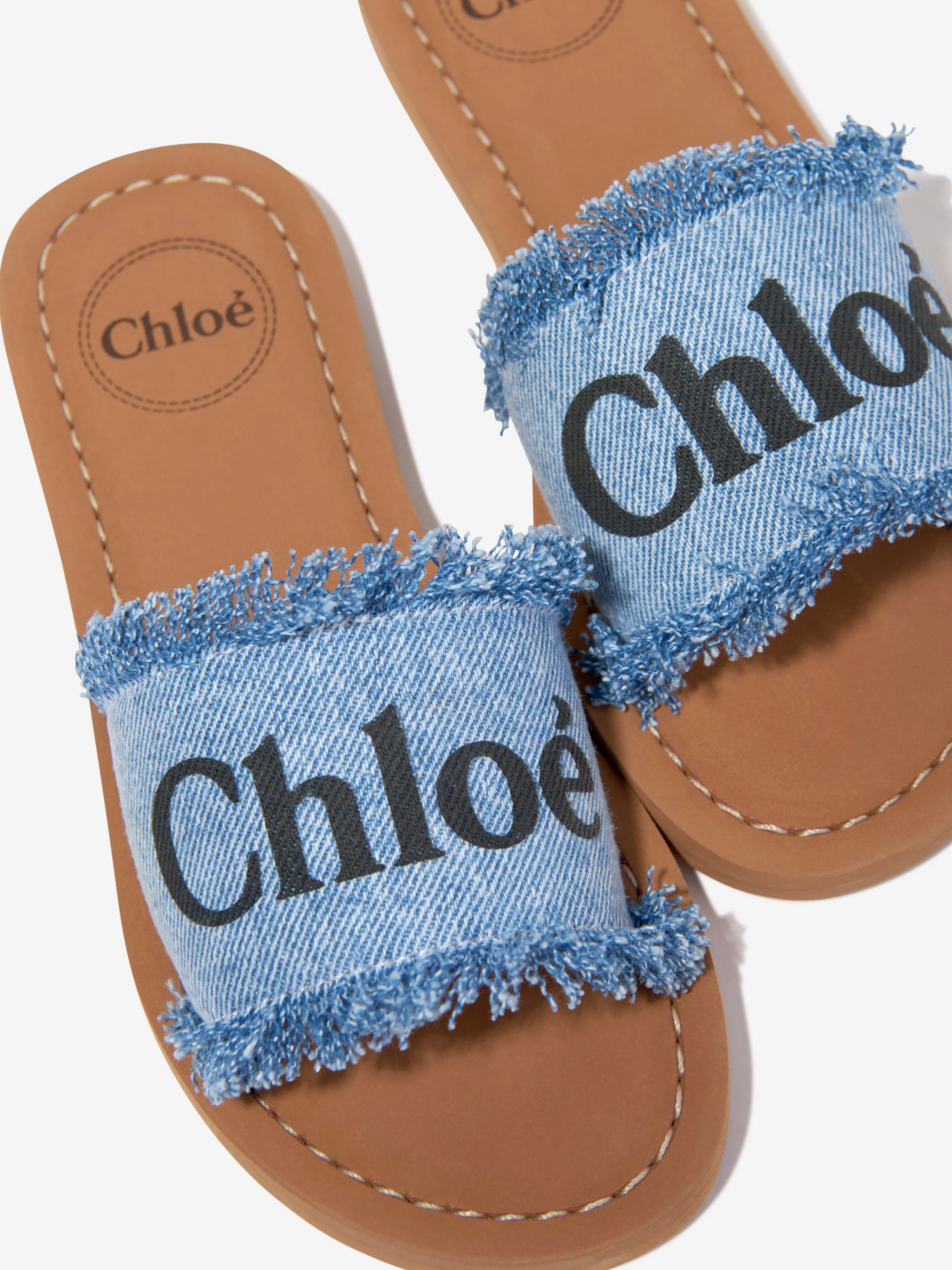 Chloé Girls Fringed Denim Sliders in Blue