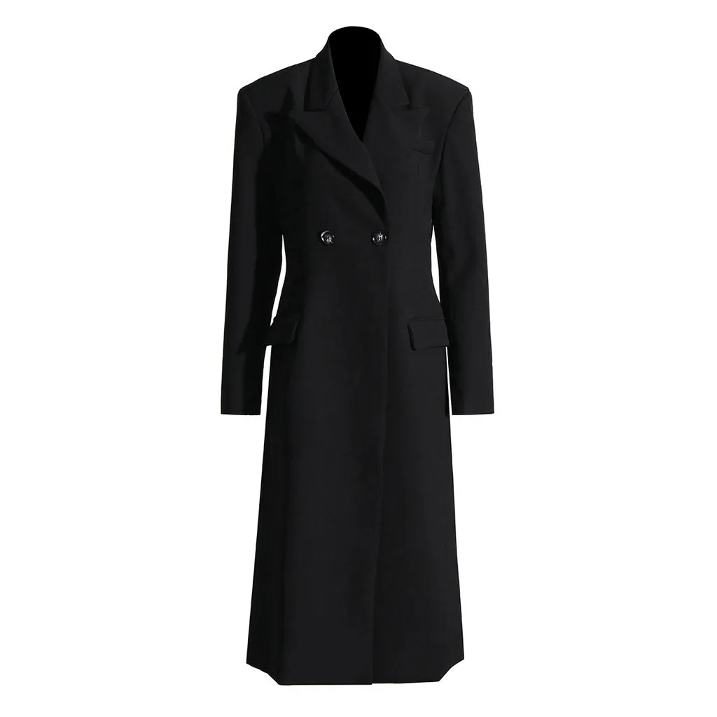 Classic Notch Lapel Shoulder Pad Two Button Long Tailored Blazer Coat