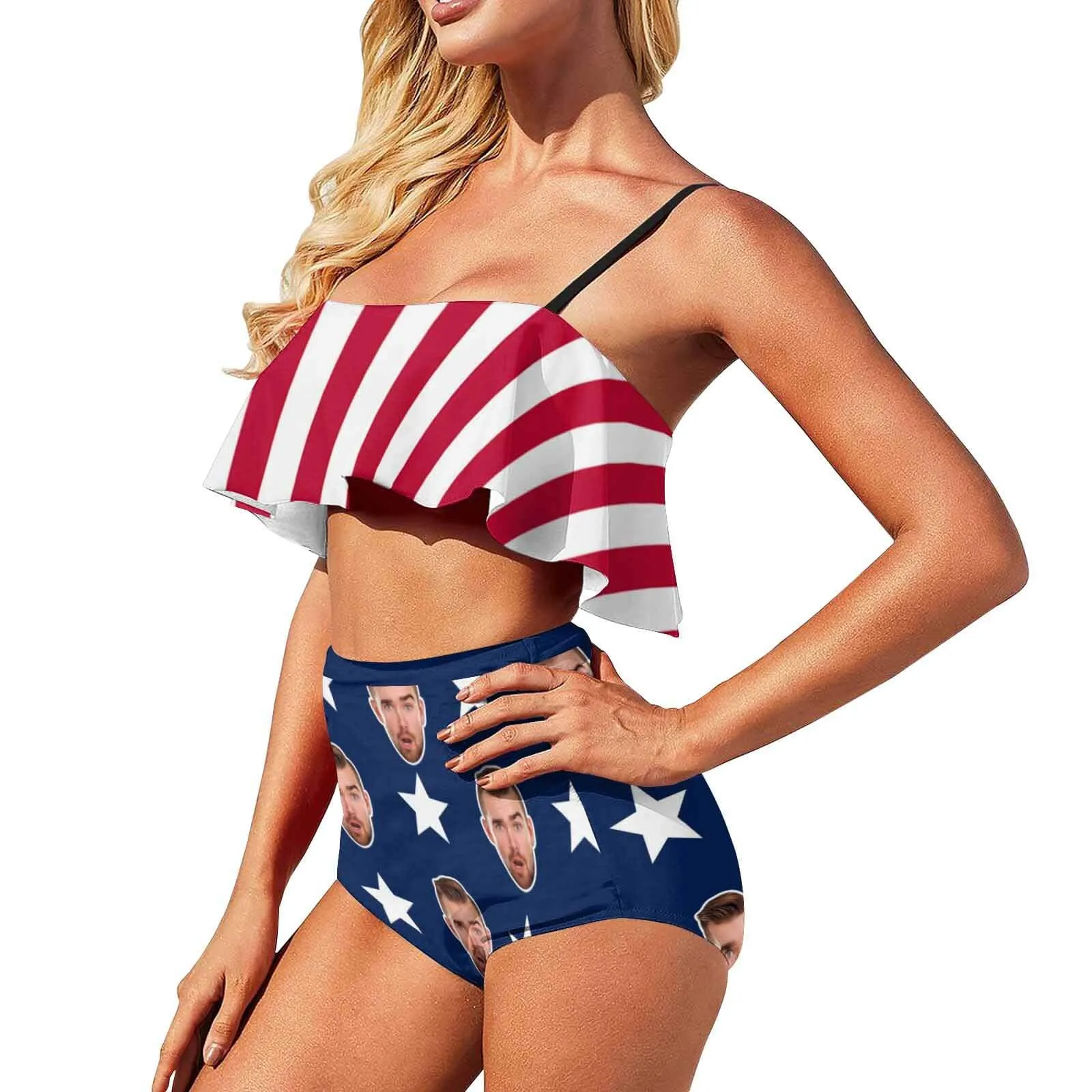 Custom Face Ruffle Bathing Suits USA Flag Swimsuit