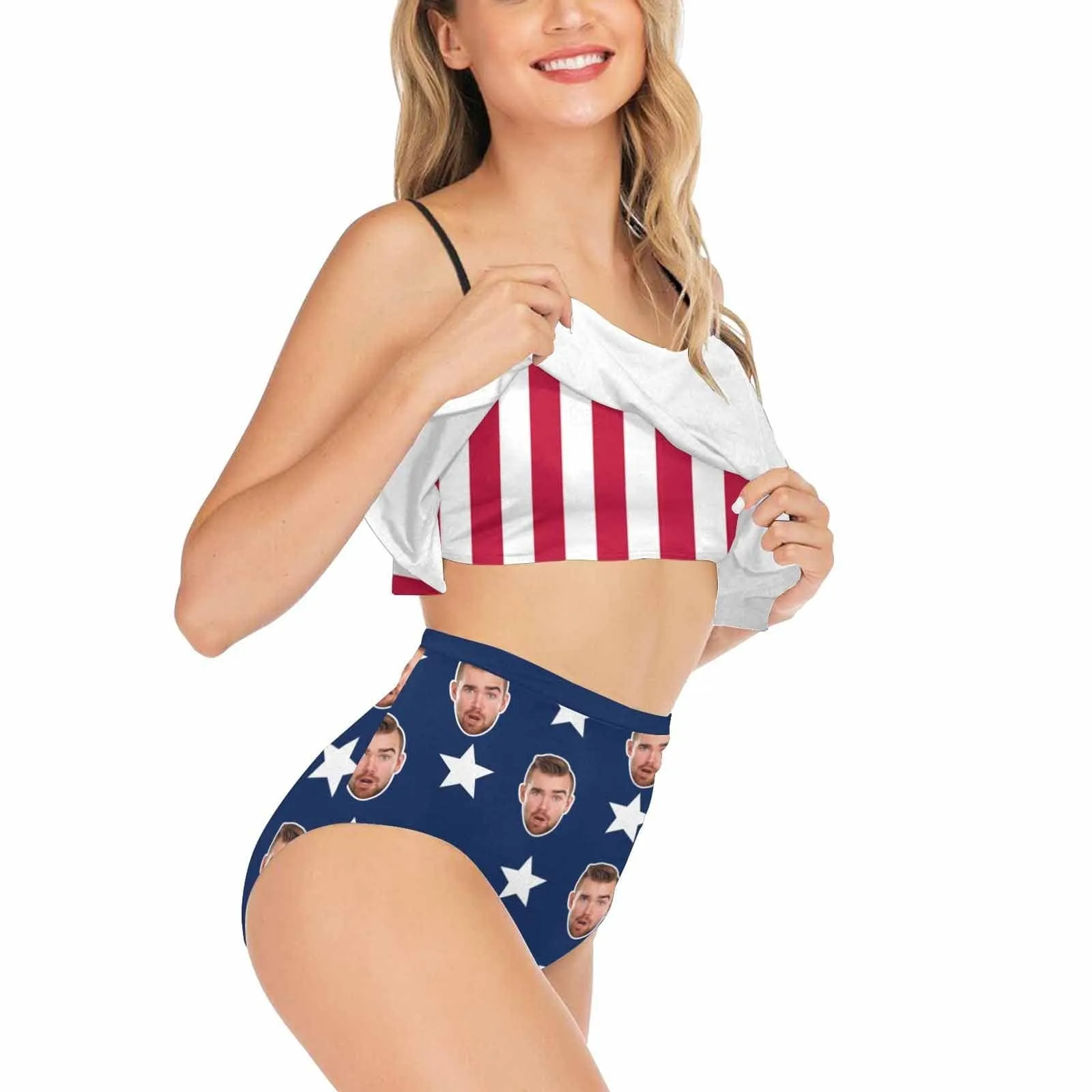 Custom Face Ruffle Bathing Suits USA Flag Swimsuit