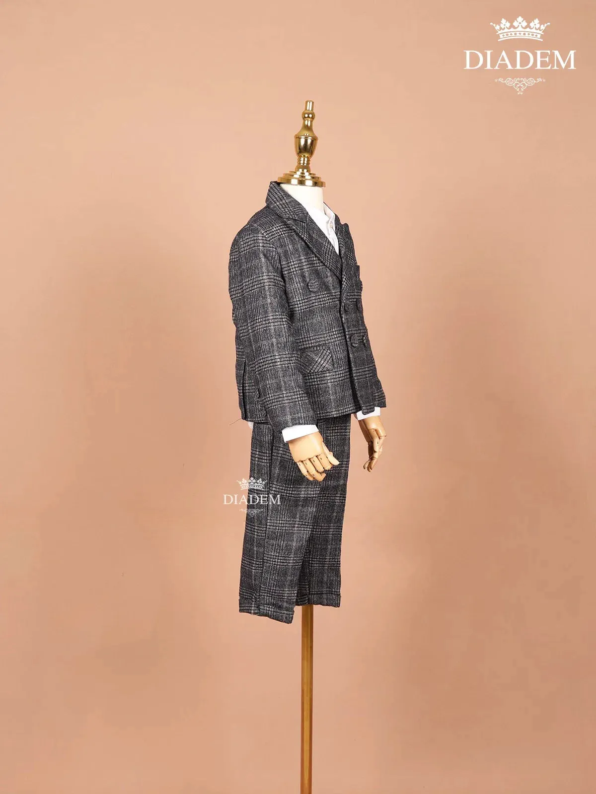 Dark Grey Checked Linen Coat Suit