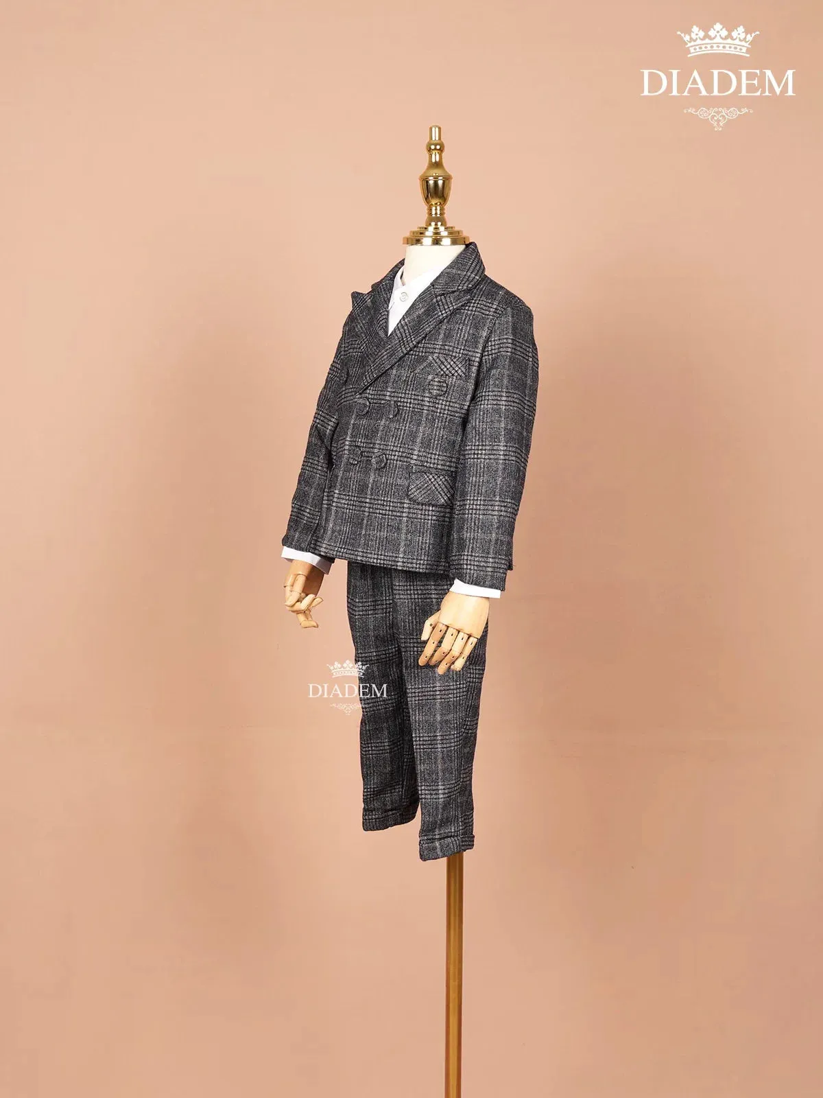 Dark Grey Checked Linen Coat Suit