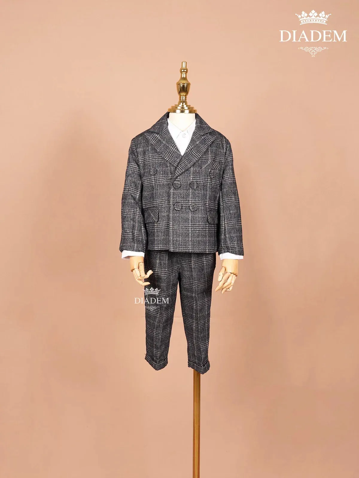 Dark Grey Checked Linen Coat Suit