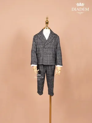 Dark Grey Checked Linen Coat Suit