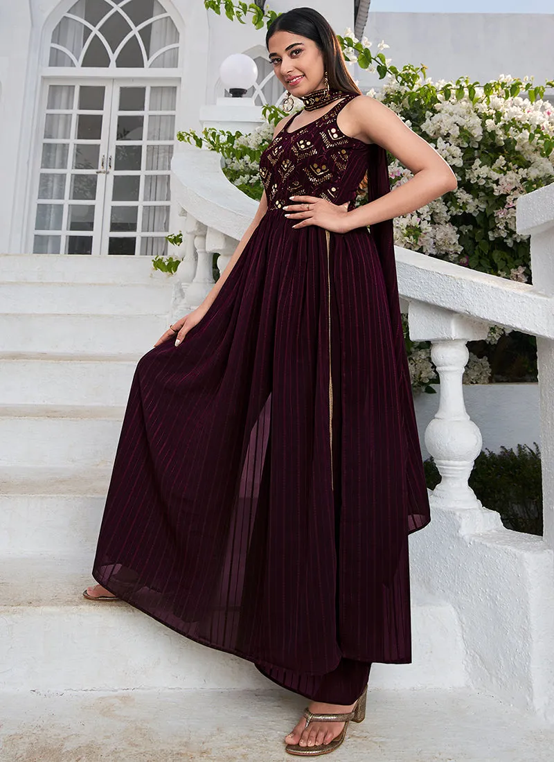 Deep Wine Embroidery High Slit Anarkali Suit