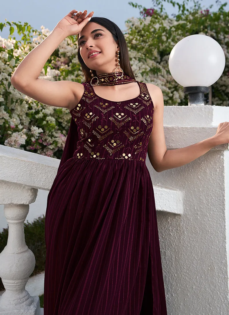 Deep Wine Embroidery High Slit Anarkali Suit