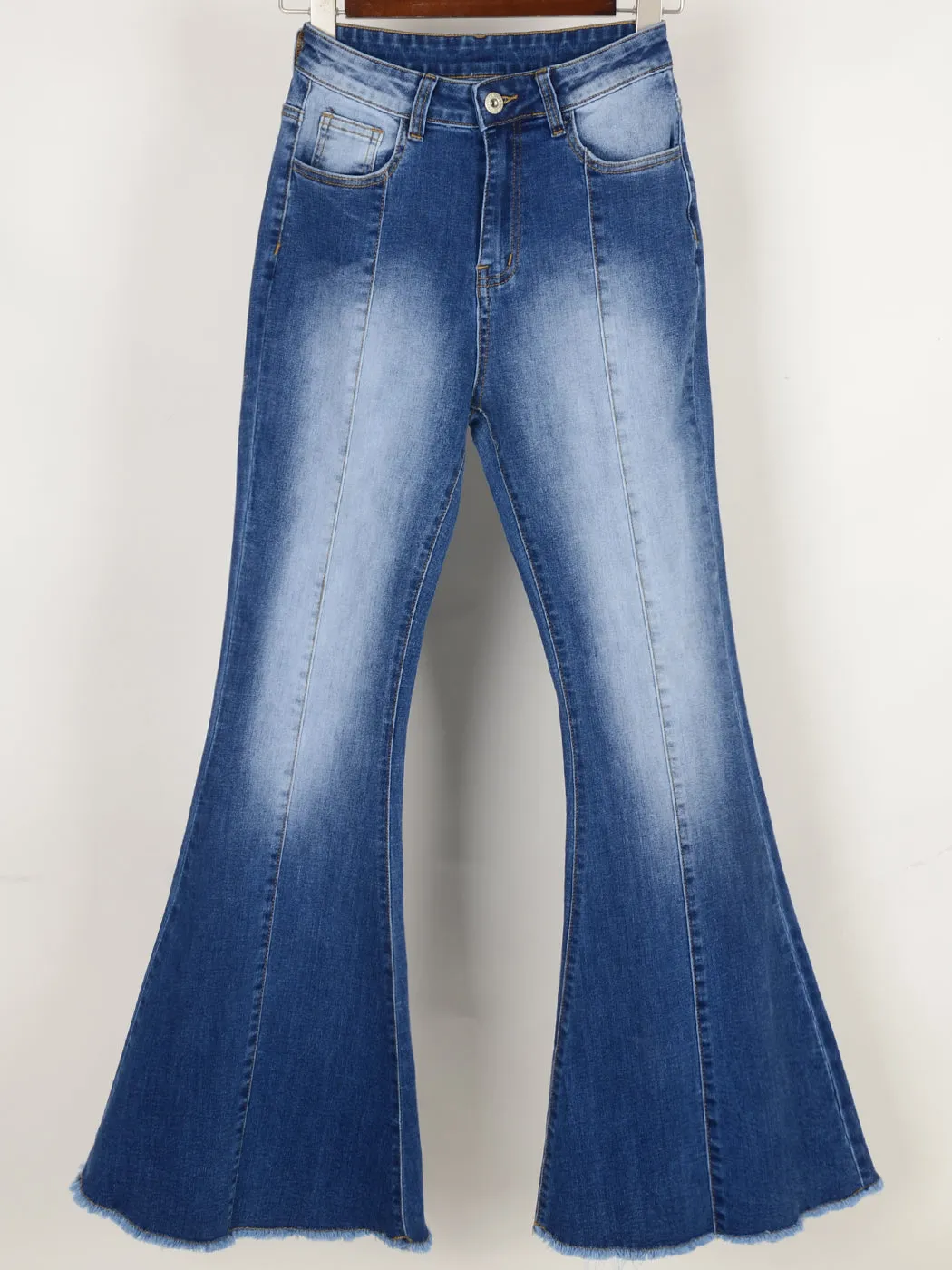 Elastic Waist Distressed Flared Long Bell Bottom Denim Jeans