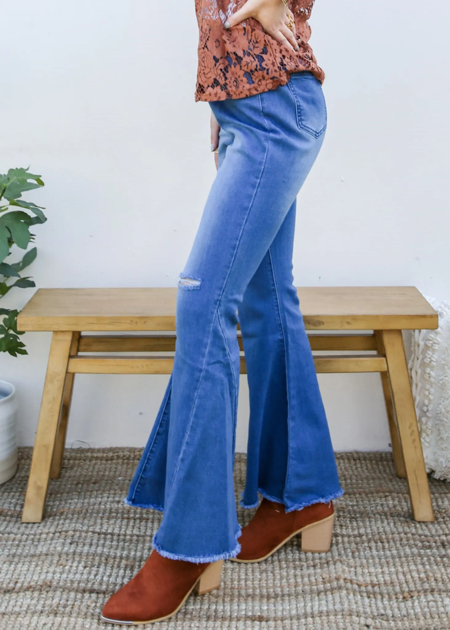 Elastic Waist Distressed Flared Long Bell Bottom Denim Jeans