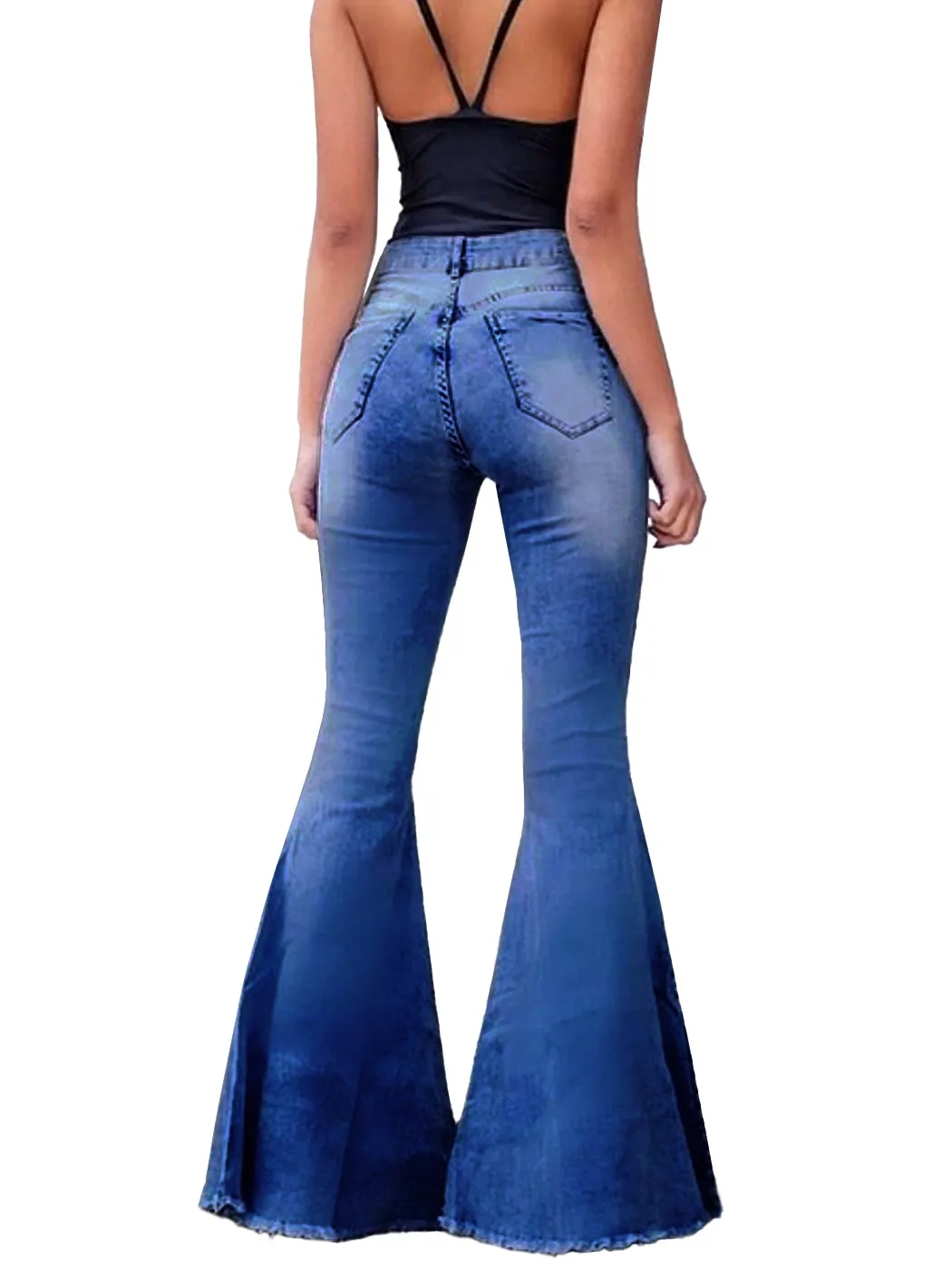 Elastic Waist Distressed Flared Long Bell Bottom Denim Jeans