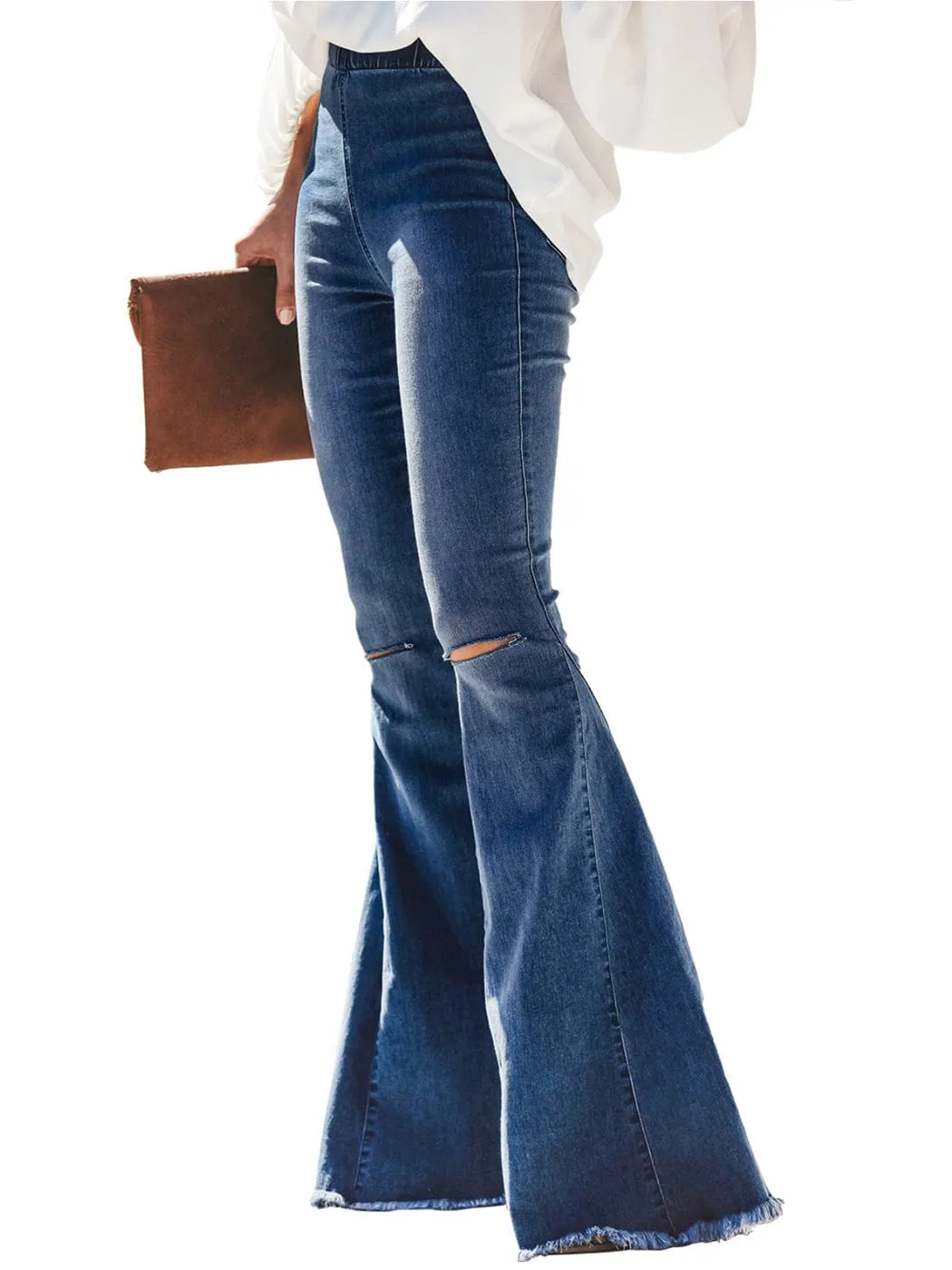 Elastic Waist Distressed Flared Long Bell Bottom Denim Jeans